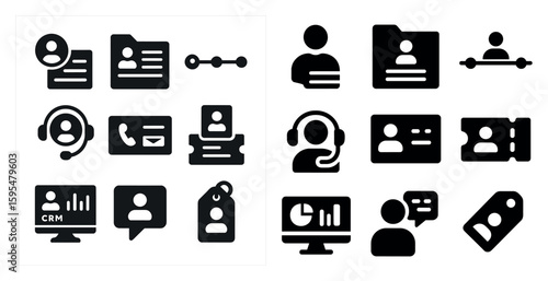 Set of icons for various office and business-related tasks. The icons include a person wearing a headset, a person holding a clipboard, a person holding a book, a person holding a ticket