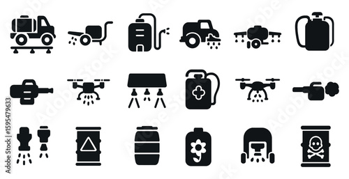 Collection of black and white icons representing various agricultural and industrial equipment. The icons include a truck, a sprayer, a drone, a helicopter, a tank, a fire hydrant, a fire truck