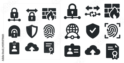 Set of icons for various security features. The icons include a lock, a fire, a person, a globe, and a check mark
