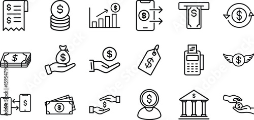 Simple Set of Money Related Vector Line Icons. Icons as Wallet, Bundle of Money, Hand with a Coin and more. Money Icon collocation.