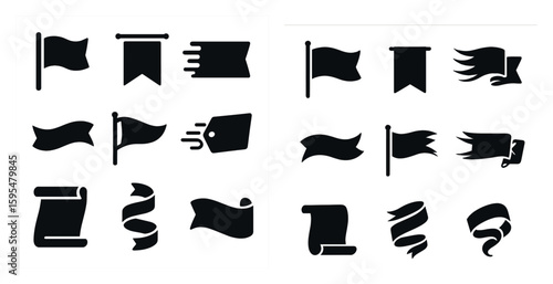 The flags are black and white. They are all different shapes and sizes. Some of them are long and skinny, while others are short and wide. The flags are arranged in a grid