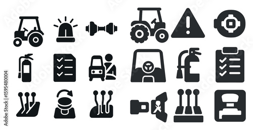 Collection of icons for farm equipment and vehicles. The icons include a tractor, a fire hydrant, a car, a truck, and a clipboard