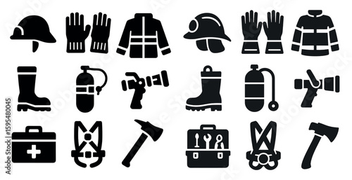 Collection of black and white icons for firefighting and safety equipment. The icons include a fireman's helmet, a fire hydrant, a fire hose, a fire extinguisher, a fire truck, a fireman's boots