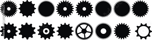 Gear silhouette collection featuring mechanical cog shapes, vector illustration for industrial design, engineering components, technology system, machinery parts artwork