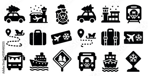 Collection of black and white icons for travel and transportation. The icons include a car, a train, a boat, a plane, and a suitcase. The icons are arranged in a grid