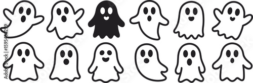 Ghost silhouette vector collection, cute Halloween character illustration, spooky cartoon icon pack, black paranormal artwork, festive haunted decoration design