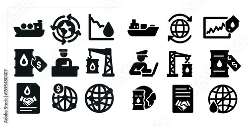 Collection of black and white icons that represent the oil industry. The icons include a man in a suit, a ship, a globe, and a price tag. Scene is serious and professional