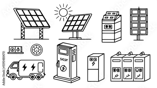 A collection of 25 flat icons focusing on solar-powered technology and battery storage. Icons include solar farms, inverters, energy monitors, battery packs, solar-powered vehicles, and smart grids. T
