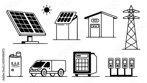 A collection of 25 flat icons focusing on solar-powered technology and battery storage. Icons include solar farms, inverters, energy monitors, battery packs, solar-powered vehicles, and smart grids. T