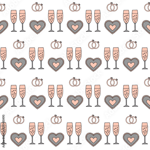 Seamless pattern with champagne flute, pixel heart and wedding ring on white background. Love confession and marriage proposal concept. Vector illustration for wrapping paper, textile, invitation