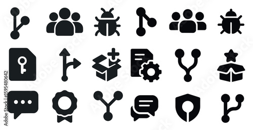 Collection of icons for various computer programs and services. The icons include a key, a box, a gear, a star, a bug, a person, and a person with a book
