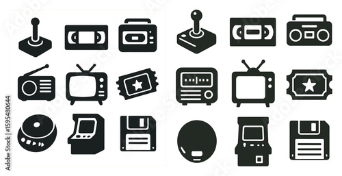 Collection of icons for various electronic devices, including a video game controller, a remote control, a DVD player, and a CD player