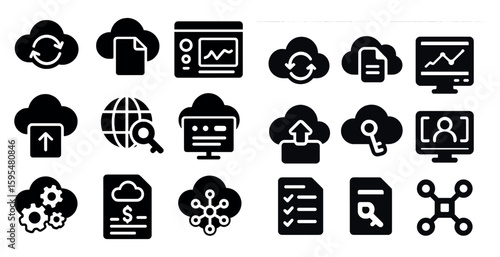 Collection of icons for various computer programs and devices. The icons include a cloud, a key, a check mark, and a person