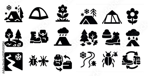 Collection of icons for outdoor activities such as camping, hiking, and bug-catching. The icons include a tent, a backpack, a bug, a flower, and a tree