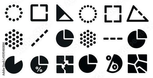 Collection of geometric shapes in black and white. The shapes include squares, triangles, and circles