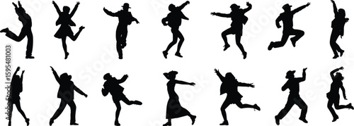 Group of people in silhouette standing and gesturing, black vector illustration for communication, lifestyle, expression, social interaction, stock design