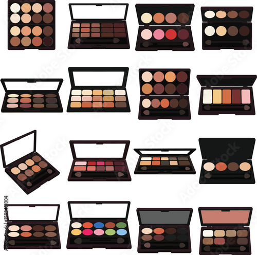 Comprehensive Makeup Palette & Cosmetic Icon Set with Eyeshadows, Lipsticks for Beauty, Fashion & Cosmetics Industry – Vector Graphic.