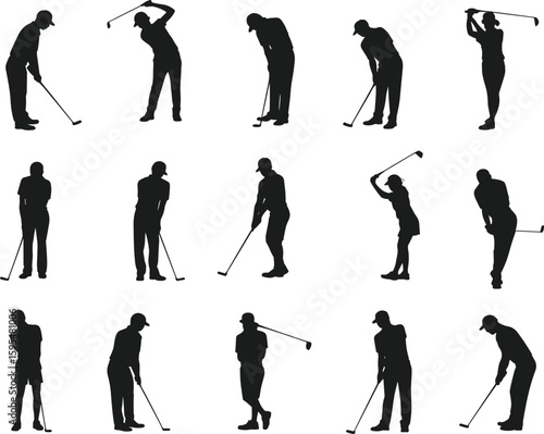 Golfers in silhouette demonstrating dynamic swings and poses, black vector icons for golf sport, athletic motion, practice, outdoor activity, branding