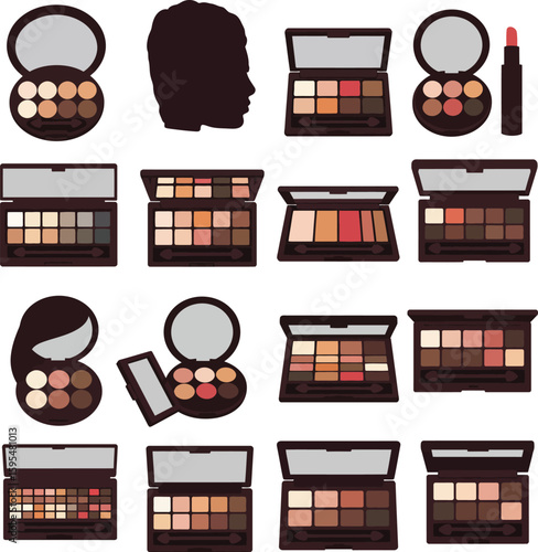 Comprehensive Makeup Palette & Cosmetic Icon Set with Eyeshadows, Lipsticks for Beauty, Fashion & Cosmetics Industry – Vector Graphic.