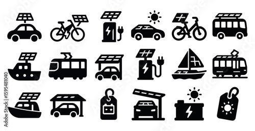 Collection of black and white icons for various modes of transportation, including cars, buses, boats, and bicycles