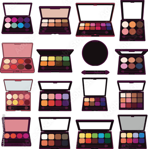 Comprehensive Makeup Palette & Cosmetic Icon Set with Eyeshadows, Lipsticks for Beauty, Fashion & Cosmetics Industry – Vector Graphic.