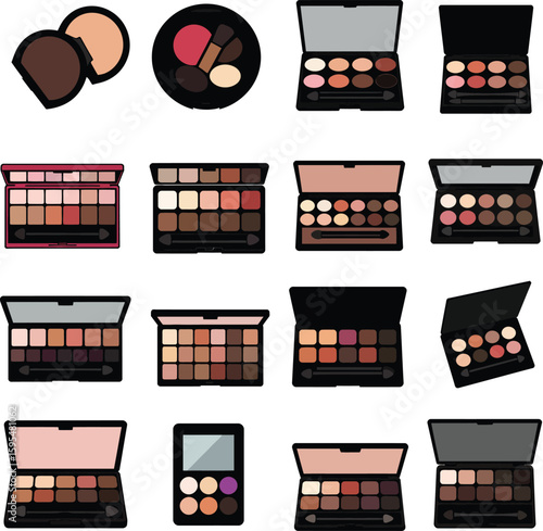 Comprehensive Makeup Palette & Cosmetic Icon Set with Eyeshadows, Lipsticks for Beauty, Fashion & Cosmetics Industry – Vector Graphic.