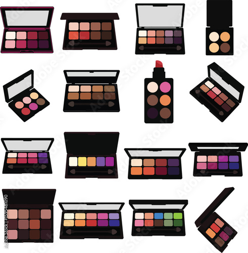 Comprehensive Makeup Palette & Cosmetic Icon Set with Eyeshadows, Lipsticks for Beauty, Fashion & Cosmetics Industry – Vector Graphic.