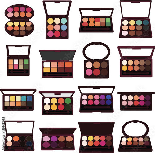 Comprehensive Makeup Palette & Cosmetic Icon Set with Eyeshadows, Lipsticks for Beauty, Fashion & Cosmetics Industry – Vector Graphic.