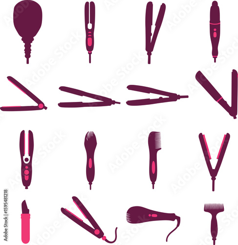 Diverse Hair Styling Tool Icon Set: Straighteners, Trimmers, & Clippers for Salon, Beauty, Barber, & Personal Care – Vector Graphics.