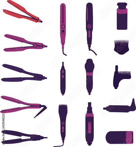 Diverse Hair Styling Tool Icon Set: Straighteners, Trimmers, & Clippers for Salon, Beauty, Barber, & Personal Care – Vector Graphics.