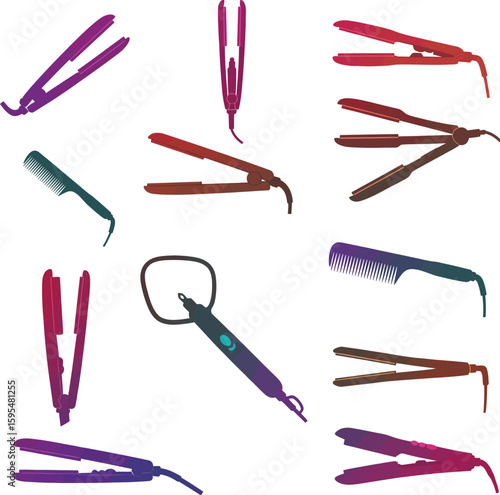 Diverse Hair Styling Tool Icon Set: Straighteners, Trimmers, & Clippers for Salon, Beauty, Barber, & Personal Care – Vector Graphics.
