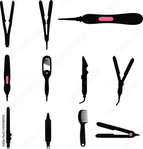 Diverse Hair Styling Tool Icon Set: Straighteners, Trimmers, & Clippers for Salon, Beauty, Barber, & Personal Care – Vector Graphics.