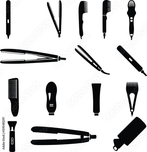 Diverse Hair Styling Tool Icon Set: Straighteners, Trimmers, & Clippers for Salon, Beauty, Barber, & Personal Care – Vector Graphics.