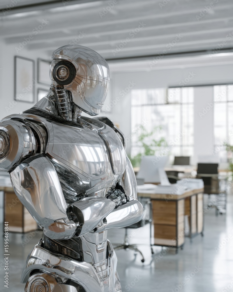 Fototapeta premium Futuristic Robot Standing in Modern Office with Natural Light