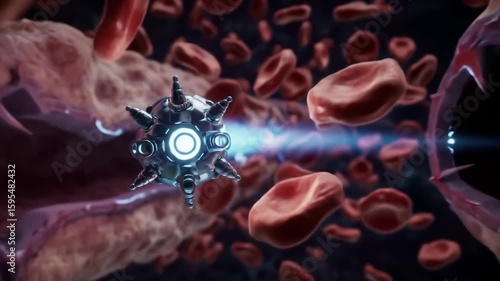 Nano bot sailing through blood cells inside the human body.