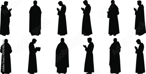 Monk silhouette vector collection, religious spiritual pose set, black prayer icon design, meditation figure artwork pack, faith tradition illustration