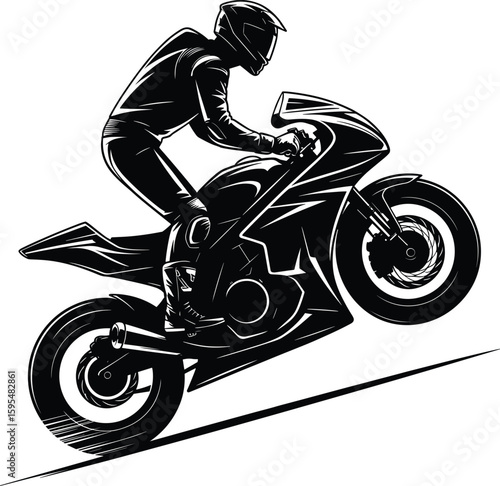 Motorcycle wheelie silhouette, biker performing stunt, extreme sports vector, black graphic design, helmet rider art, adrenaline action illustration
