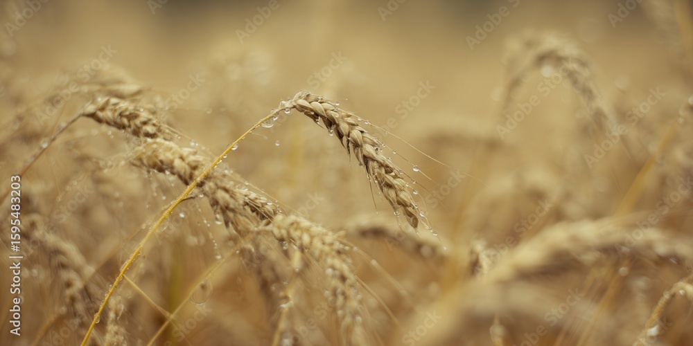 Fototapeta premium Golden wheat ears adorned with sparkling water droplets, a serene natural scene.