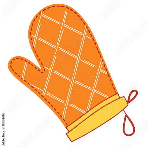 Colorful illustrated orange oven mitt with diamond pattern and yellow details isolated