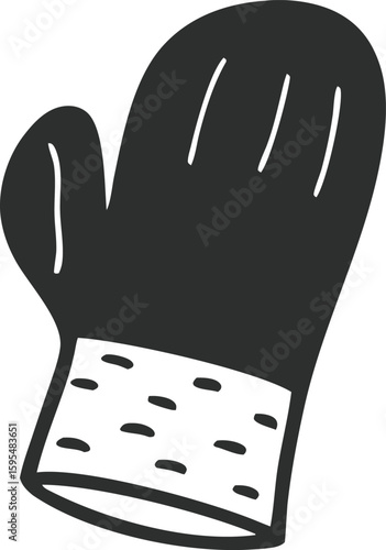 Monochrome illustration of a kitchen oven mitt isolated on a white background