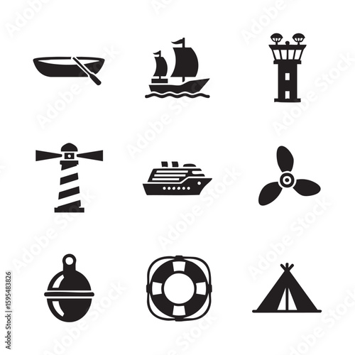 Nautical and camping icons featuring a boat lighthouse cruise ship and tent sailboat