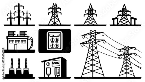 A grid of 28 flat vector icons illustrating smart grid and electric infrastructure concepts. Items include power lines, substations, transformers, circuit breakers, energy storage, and real-time monit