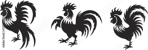 Rooster silhouette vector collection, stylized bird icon artwork, farm animal design, black outline illustration, decorative graphic, poultry species clipart
