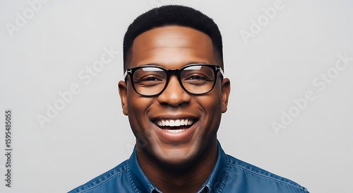 Close up portrait of a happy black man wearing glasses and a denim shirt
