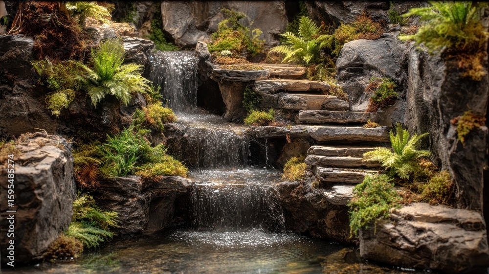 Fototapeta premium Exquisite miniature waterfall cascading over natural stone with lush vegetation