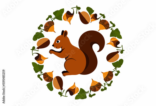 Squirrel with acorns and leaves in a circular design  