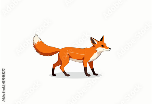 Cartoon fox walking with a bushy tail on a white background  