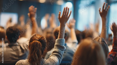 Group of young people sitting on conference together while raising their hands to ask a question. Business team meeting seminar training concept., no logos, no brands