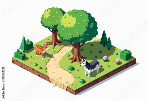 Cartoon animals walking along a path in a green park setting  