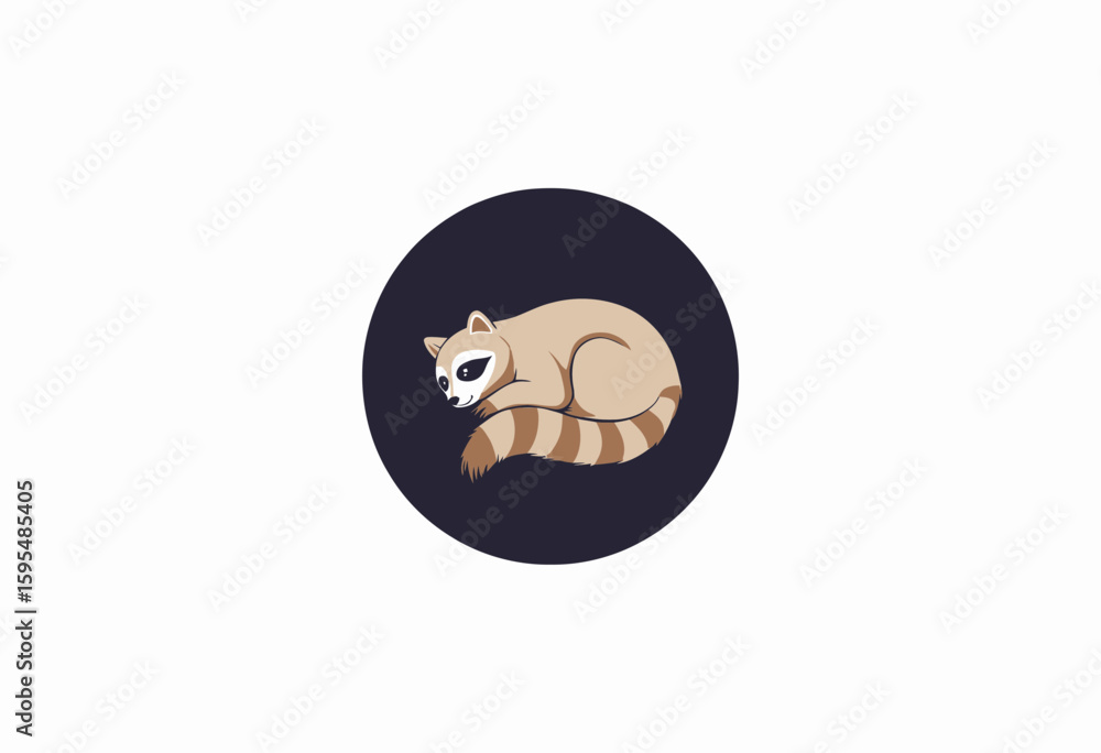 Fototapeta premium Cartoon raccoon sleeping in a circular design on dark background 